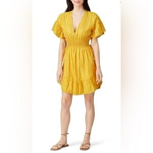 Saylor Adrianne Ruffle-Sleeve Mustard and Gold Stripe Mini Dress Size Large